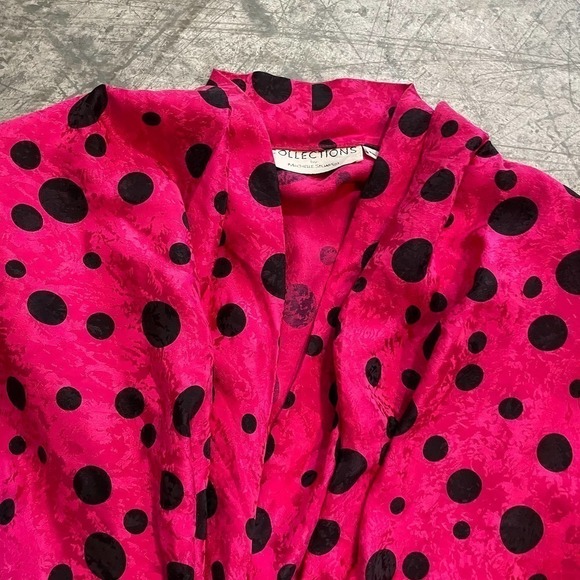 Vintage 80s Michelle Stuart Silk Pink Black Polka Dot Peplum Blouse Shirt 6 - Picture 2 of 13